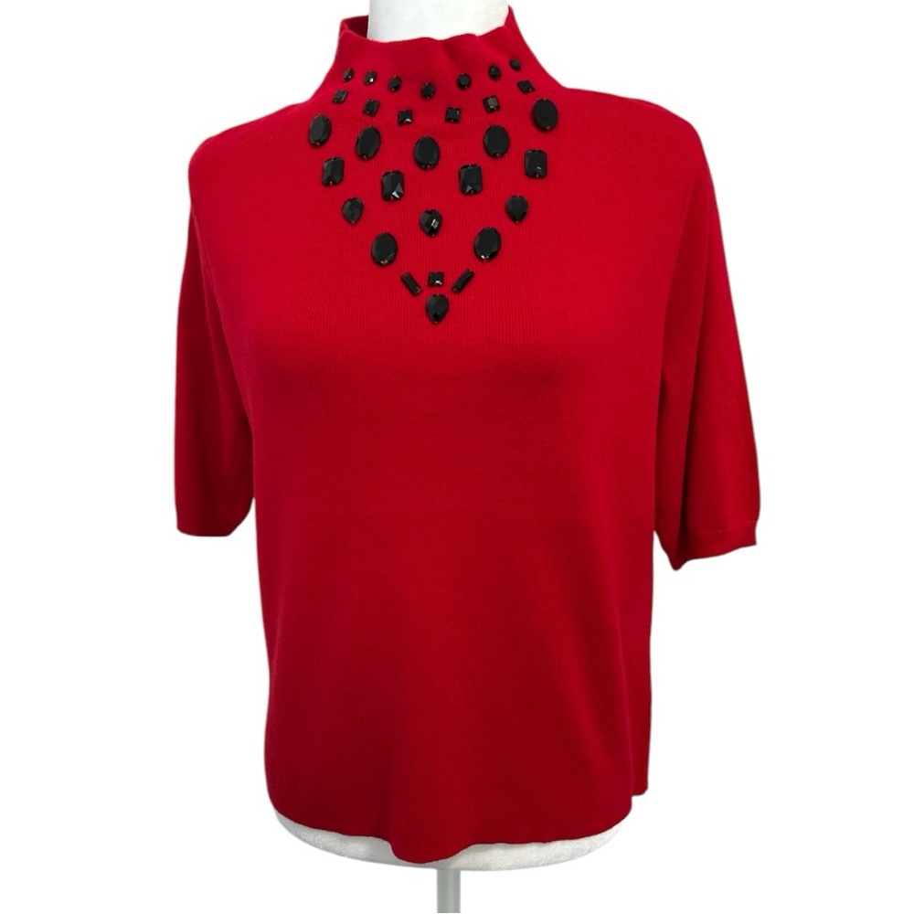 WORTHINGTON Women Knit Pullover Top Turtleneck Short Sleeve Rhinestone Large Red